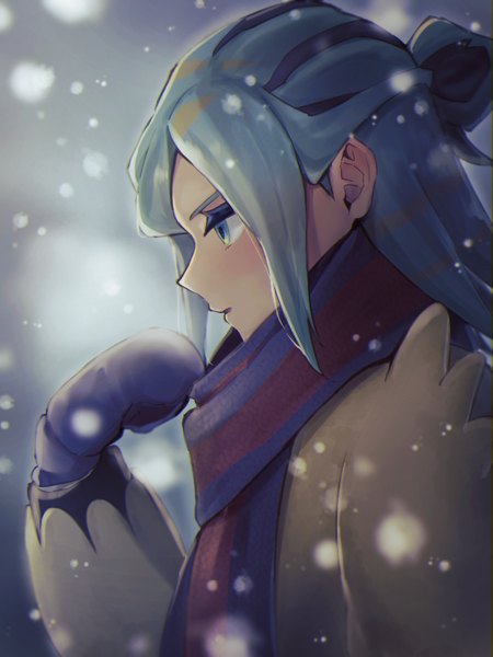 Аниме картинка 900x1200 с покемон pokemon (game) pokemon sv nintendo grusha (pokemon) ura (hamburg oniku) один (одна) длинные волосы высокое изображение голубые глаза синие волосы смотрит в сторону верхняя часть тела профиль снегопад причёска мальвинка androgynous мужчина шарф варежки