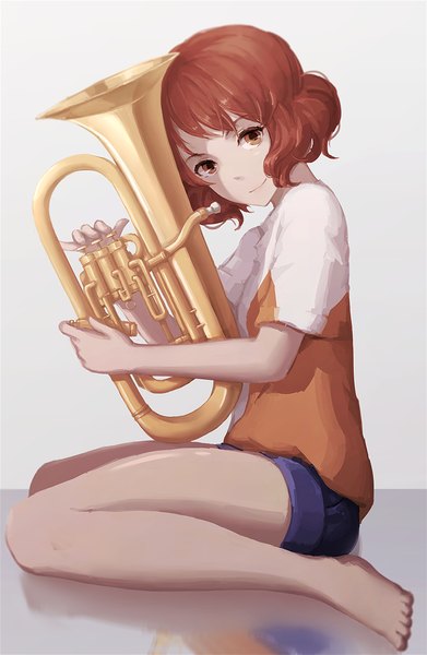 Anime picture 800x1227 with hibike! euphonium kyoto animation oumae kumiko labombardier! single tall image looking at viewer fringe short hair smile brown hair white background sitting brown eyes barefoot wariza girl shorts t-shirt musical instrument