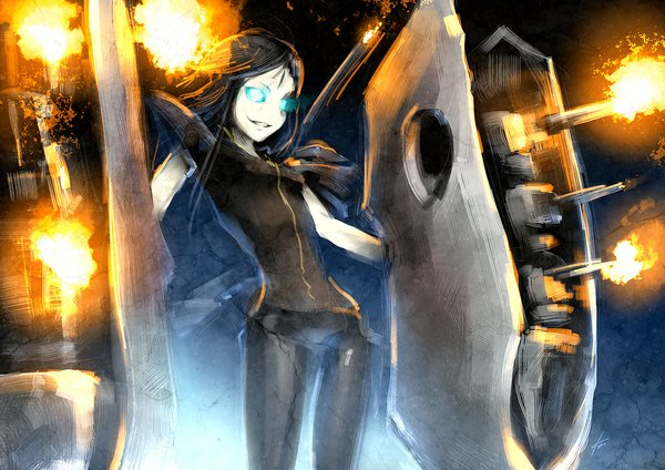 Anime picture 1062x752 with kantai collection ru-class battleship ebizome single long hair black hair smile standing aqua eyes glowing light dark background glowing eye (eyes) pale skin shot girl weapon gun bodysuit fire