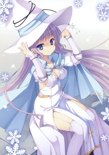 Anime picture 2100x2999 with witch's garden yukimura suzuno muririn single long hair tall image highres blue eyes silver hair scan witch girl thighhighs dress detached sleeves white thighhighs witch hat snowflake (snowflakes)