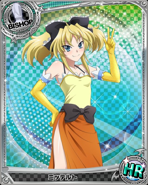 Anime picture 640x800 with highschool dxd mittelt single long hair tall image looking at viewer blush blue eyes blonde hair smile twintails loli card (medium) girl dress gloves bow hair bow elbow gloves