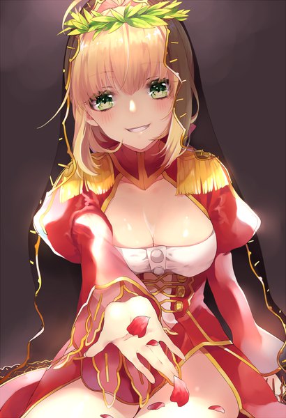 Anime picture 1435x2100 with fate (series) fate/extra nero claudius (fate) (all) nero claudius (fate) ichinose rei single tall image looking at viewer blush short hair breasts light erotic blonde hair simple background smile large breasts sitting green eyes cleavage ahoge