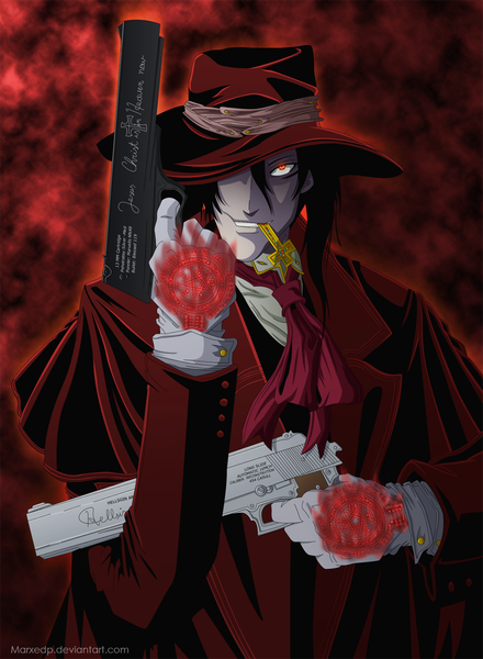 Anime picture 900x1227 with hellsing alucard (hellsing) marxedp single long hair tall image black hair smile holding orange eyes coloring mouth hold boy gloves weapon hat necktie gun cross pistol