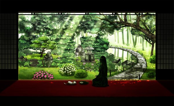 Anime picture 1665x1016 with amemura long hair black hair wide image scenic girl flower (flowers) plant (plants) tree (trees) water serafuku cat drink sliding doors shouji
