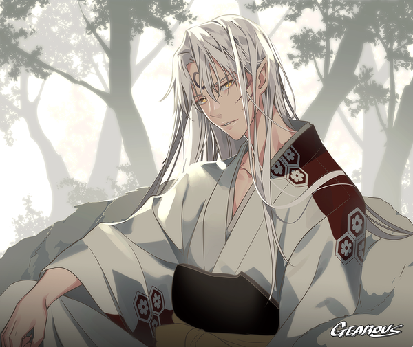 Anime picture 1246x1050 with inuyasha sesshomaru gearous single long hair looking at viewer fringe hair between eyes sitting signed yellow eyes upper body white hair traditional clothes parted lips head tilt japanese clothes pointy ears wide sleeves facial mark
