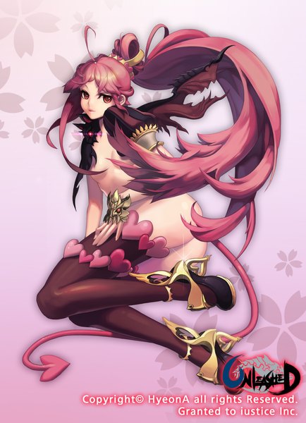 Anime picture 1476x2040 with original hyeona single tall image light erotic red eyes pink hair ahoge ass tail very long hair girl thighhighs hair ornament wings shoes heart