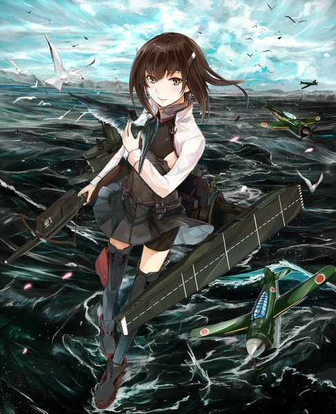 Anime picture 1800x2211 with kantai collection taihou armored aircraft carrier kazabana fuuka single tall image looking at viewer blush highres short hair brown hair brown eyes light smile girl animal petals water sea armor bird (birds) thigh boots