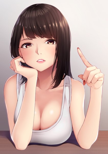 Anime picture 1748x2480 with original takocha single long hair tall image looking at viewer blush fringe highres breasts light erotic simple background brown hair large breasts bare shoulders brown eyes cleavage nail polish parted lips fingernails