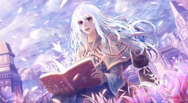 Anime picture 1400x768 with original bounin single long hair looking at viewer fringe open mouth wide image brown eyes sky cloud (clouds) white hair wind girl plant (plants) animal book (books) building (buildings) cat