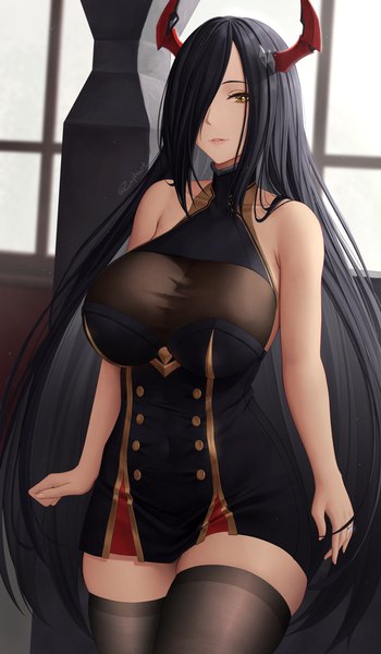 Anime picture 3783x6491 with azur lane friedrich der grosse (azur lane) zaphn single tall image looking at viewer fringe highres breasts light erotic black hair large breasts standing brown eyes signed absurdres indoors very long hair parted lips horn (horns)