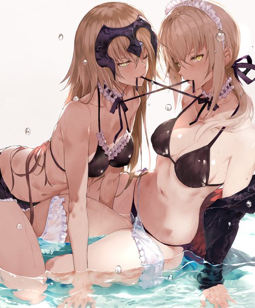 Anime picture 1461x1764 with fate (series) fate/grand order artoria pendragon (all) jeanne d'arc (fate) (all) jeanne d'arc alter (fate) artoria pendragon (alter swimsuit rider) (fate) tokopi long hair tall image looking at viewer fringe breasts light erotic simple background blonde hair hair between eyes large breasts sitting multiple girls holding