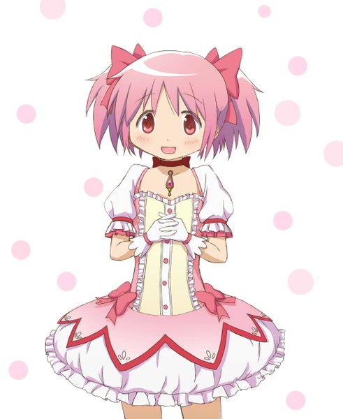 Anime picture 2095x2560 with mahou shoujo madoka magica shaft (studio) kaname madoka single tall image highres white background twintails pink hair pink eyes short twintails interlocked fingers girl dress gloves bow