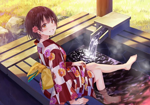 Anime picture 1400x986 with original fukahire (ruinon) single looking at viewer blush short hair smile brown hair brown eyes outdoors braid (braids) traditional clothes japanese clothes barefoot hair flower from above arm support grin side braid soaking feet