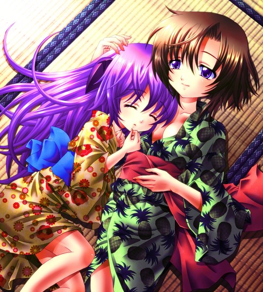 Anime picture 1260x1400 with higurashi no naku koro ni studio deen ryuuguu rena hanyuu sachiko (artist) long hair tall image short hair brown hair purple eyes multiple girls purple hair lying traditional clothes japanese clothes floral print food print girl 2 girls belt