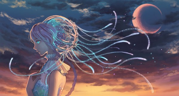 Anime picture 800x429 with original hiko (scape) single long hair blue eyes wide image bare shoulders looking away pink hair cloud (clouds) braid (braids) crescent red moon girl moon jellyfish