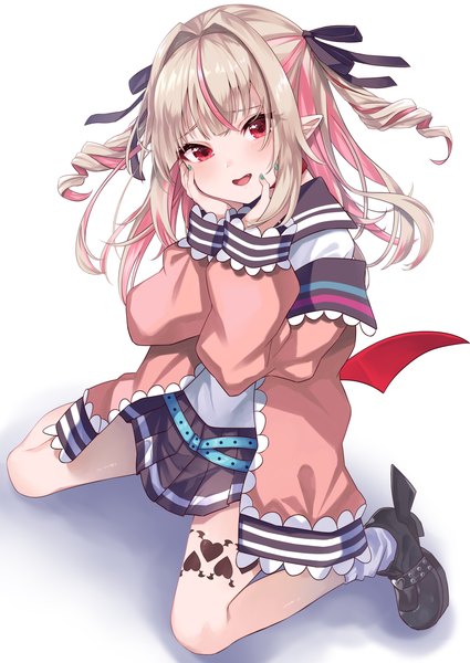 Anime picture 2150x3035 with virtual youtuber nijisanji makaino ririmu makaino ririmu (4th costume) mamadasky single long hair tall image looking at viewer blush fringe highres open mouth simple background blonde hair red eyes white background sitting bent knee (knees) blunt bangs
