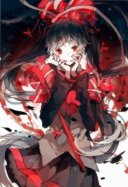 Anime picture 550x800 with vocaloid hatsune miku yexie single long hair tall image looking at viewer black hair smile red eyes twintails nail polish head tilt pleated skirt fingernails wind wide sleeves red nail polish hands on face girl