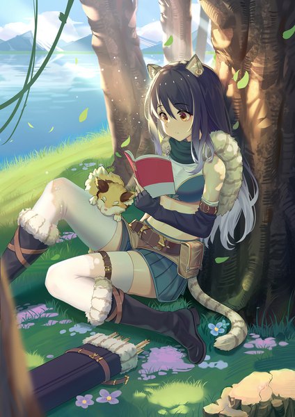 Anime picture 1100x1555 with princess connect! re:dive princess connect! shiori (princess connect!) mobu (wddtfy61) single long hair tall image blush fringe black hair hair between eyes sitting holding animal ears yellow eyes payot sky cloud (clouds) bent knee (knees) outdoors
