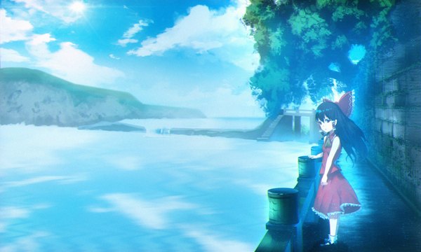 Anime picture 2000x1200 with touhou hakurei reimu leng (lengsiren) single long hair looking at viewer highres black hair wide image standing sky cloud (clouds) black eyes sleeveless reflection river hill girl skirt plant (plants)