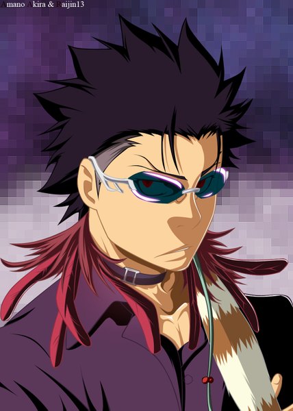 Anime picture 1024x1437 with katekyou hitman reborn xanxus raijin13 tall image short hair black hair red eyes coloring portrait face glasses collar