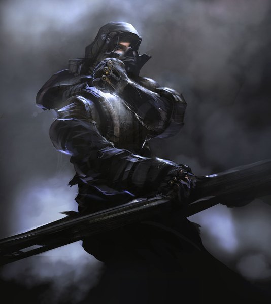 Anime picture 1125x1262 with tagme (artist) single tall image black background smoke boy armor gun hood helmet