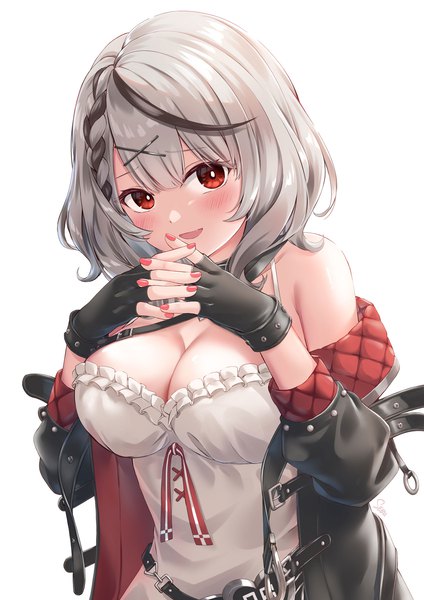 Anime picture 1273x1800 with virtual youtuber hololive sakamata chloe sakamata chloe (1st costume) sebu illust single tall image looking at viewer blush short hair breasts light erotic simple background red eyes large breasts white background cleavage silver hair nail polish multicolored hair