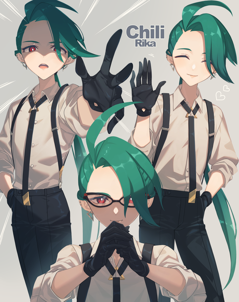 Anime picture 1421x1800 with pokemon pokemon (game) pokemon sv nintendo rika (pokemon) miri (cherryjelly) long hair tall image looking at viewer open mouth smile red eyes ahoge eyes closed green hair grey background character names hand on hip shaded face low ponytail