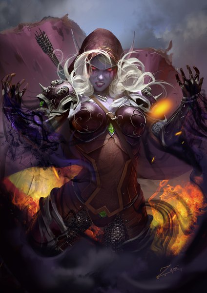 Anime picture 2481x3508 with world of warcraft blizzard entertainment sylvanas windrunner zumi (zumidraws) single long hair tall image looking at viewer fringe highres breasts light erotic blonde hair red eyes standing signed lips pointy ears realistic arms up