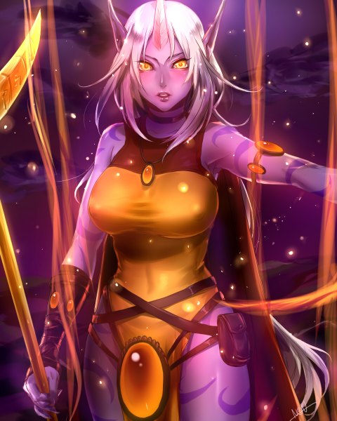 Anime picture 960x1200 with league of legends soraka (league of legends) non (nonzile) single tall image blush breasts light erotic large breasts yellow eyes silver hair very long hair horn (horns) lips pointy ears tattoo erect nipples covered nipples purple skin girl