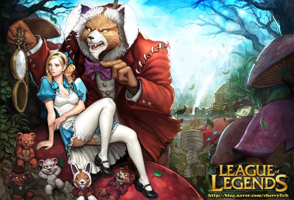 Anime picture 3400x2320 with alice in wonderland league of legends alice (wonderland) annie (league of legends) teemo (league of legends) tibbers (league of legends) amumu (league of legends) ake (cherrylich) long hair blush highres blue eyes blonde hair sitting animal ears looking away absurdres sky cleavage cloud (clouds)