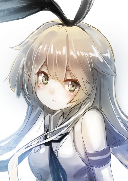 Anime picture 848x1200 with kantai collection shimakaze destroyer raijuu (bakanara) single long hair tall image looking at viewer blush fringe simple background white background grey hair grey eyes girl clothes