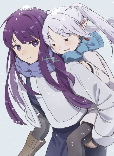 Anime picture 747x1024 with sousou no frieren frieren fern (sousou no frieren) korokoro nekoz long hair tall image purple eyes twintails multiple girls silver hair purple hair eyes closed pointy ears snowing eyebrows elf saliva sleeping carrying = =