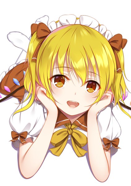 Anime picture 1240x1753 with touhou flandre scarlet flan (seeyouflan) single tall image looking at viewer short hair open mouth simple background blonde hair smile red eyes white background lying arm support teeth short sleeves two side up no shoes puffy sleeves