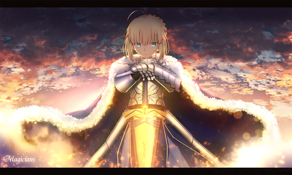 Anime picture 1293x780 with fate (series) fate/stay night artoria pendragon (all) saber magicians (zhkahogigzkh) single looking at viewer fringe short hair blue eyes blonde hair hair between eyes wide image signed payot cloud (clouds) ahoge outdoors blunt bangs braid (braids)