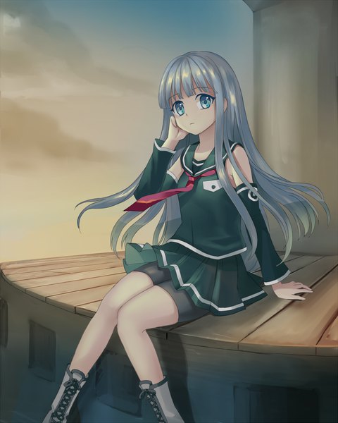 Anime picture 1000x1250 with aoki hagane no arpeggio iona yuli (pixiv519454) single long hair tall image looking at viewer fringe blue eyes sitting sky silver hair cloud (clouds) blunt bangs pleated skirt arm support adjusting hair lacing sailor collar girl