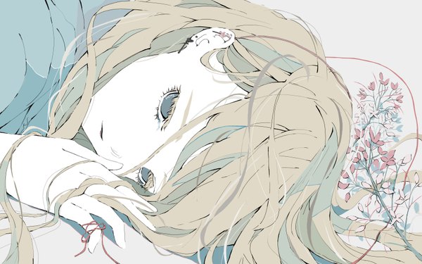 Anime picture 6400x4000 with original no copyright girl single long hair highres blonde hair absurdres lying grey eyes tears girl flower (flowers) thread red thread