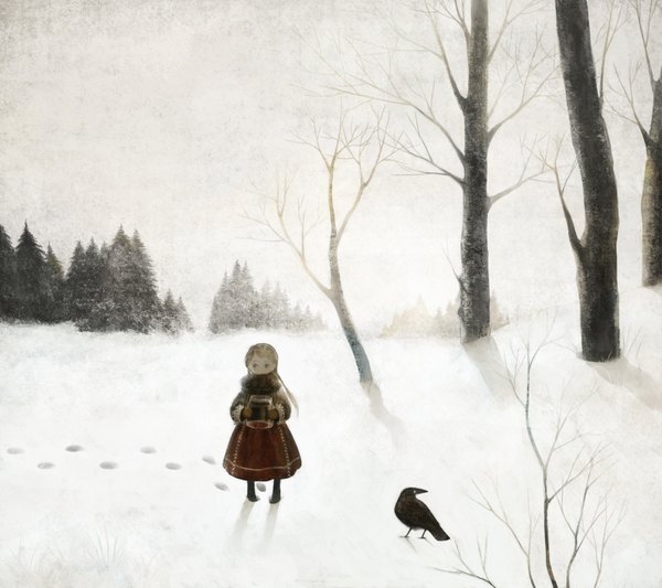 Anime picture 1800x1600 with original hari mono highres full body snowing winter snow landscape footprints girl plant (plants) animal tree (trees) bird (birds) forest child (children) winter clothes crow
