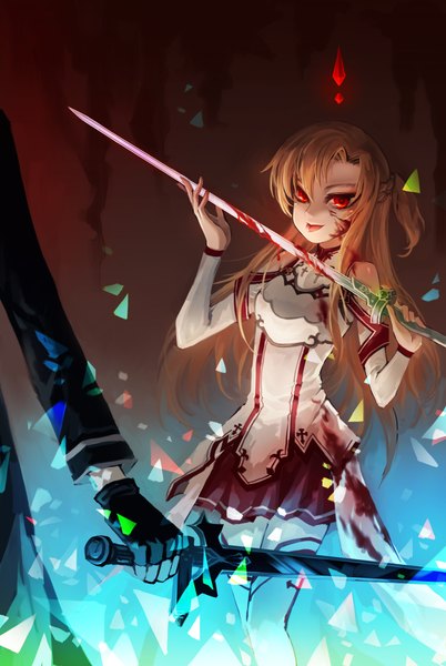 Anime picture 1500x2238 with sword art online a-1 pictures yuuki asuna kirigaya kazuto huazha01 single long hair tall image blonde hair red eyes girl boy weapon detached sleeves sword tongue fingerless gloves blood