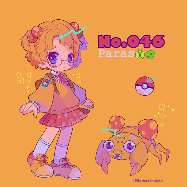 Anime picture 1923x1923 with pokemon nintendo paras mameeekueya single looking at viewer highres short hair blue eyes simple background signed full body orange hair two side up character names twitter username freckles orange background gen 1 pokemon personification