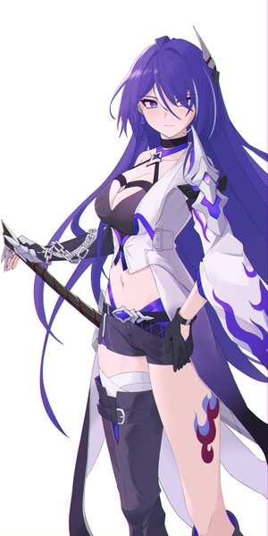 Anime picture 2000x4000 with honkai: star rail honkai (series) acheron (honkai: star rail) honey boba single long hair tall image fringe highres breasts light erotic simple background large breasts standing white background purple eyes looking away purple hair hair over one eye off shoulder