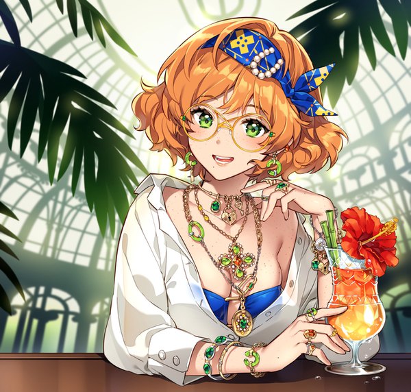 Anime picture 1300x1240 with original nardack single looking at viewer blush short hair breasts open mouth light erotic green eyes cleavage upper body indoors orange hair freckles girl flower (flowers) plant (plants) earrings glasses