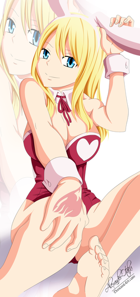 Anime picture 944x2000 with fairy tail lucy heartfilia alexander-otaku single long hair tall image breasts blue eyes light erotic blonde hair smile animal ears tattoo bunny ears legs coloring zoom layer girl wrist cuffs toes