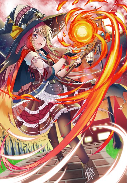 Anime picture 1500x2163 with million arthur (series) square enix satou (3366 s) single long hair tall image looking at viewer open mouth blonde hair smile red eyes sky magic witch girl dress gloves hat detached sleeves pantyhose