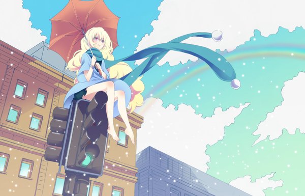 Anime picture 1700x1092 with original ldbkty single long hair blush blonde hair smile red eyes sitting cloud (clouds) barefoot no shoes girl scarf building (buildings) umbrella rainbow traffic lights