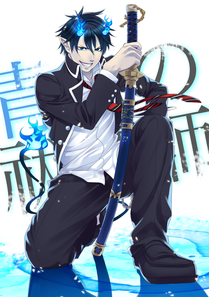 Anime picture 1040x1477 with ao no exorcist a-1 pictures okumura rin single tall image short hair blue eyes black hair smile hair between eyes full body pointy ears grin demon tail boy uniform school uniform sword necktie katana