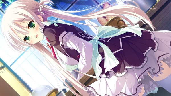 Anime picture 1280x720 with majo koi nikki suou hijiri asakura satsu single long hair looking at viewer blush open mouth smile wide image twintails green eyes game cg looking back grey hair maid turning head girl thighhighs white thighhighs