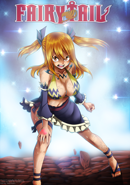 Anime picture 1600x2278 with fairy tail lucy heartfilia hikarinogiri single long hair tall image breasts open mouth light erotic blonde hair large breasts twintails brown eyes inscription tattoo coloring glowing light glowing eye (eyes) screaming