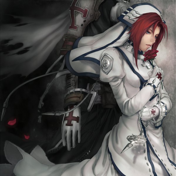 Anime picture 1000x1000 with trinity blood gonzo abel nightroad esther blanchett pochiharu blue eyes red hair nun girl boy gloves flower (flowers) petals cloak beads