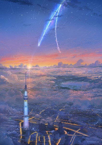 Anime picture 1900x2688 with kimi no na wa niko p tall image highres cloud (clouds) sunlight night night sky city evening sunset cityscape no people scenic city lights shooting star lake meteor rain tokyo building (buildings)