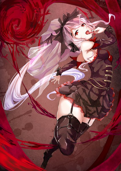 Anime picture 885x1252 with overlord (maruyama) madhouse shalltear bloodfallen yukishiro arute single long hair tall image looking at viewer fringe red eyes standing bare shoulders payot pink hair full body bent knee (knees) ponytail nail polish head tilt floating hair